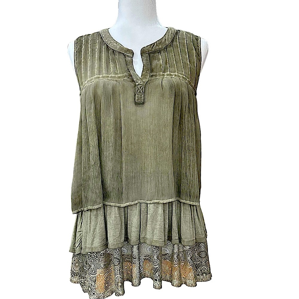 Artisia Green Faded Sleeveless Multi Fabric Woven Lace small Boho Top